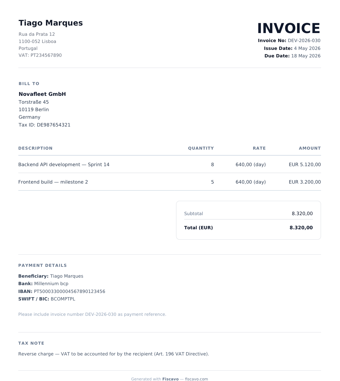 Fattura di uno sviluppatore software freelance transfrontaliera: 13 giorni di lavoro back-end e front-end a 640 €/giorno, 8.320 € totali, IVA 0% in inversione contabile intra-UE con la dicitura dell'Art. 196 e i dati di pagamento IBAN/BIC.
