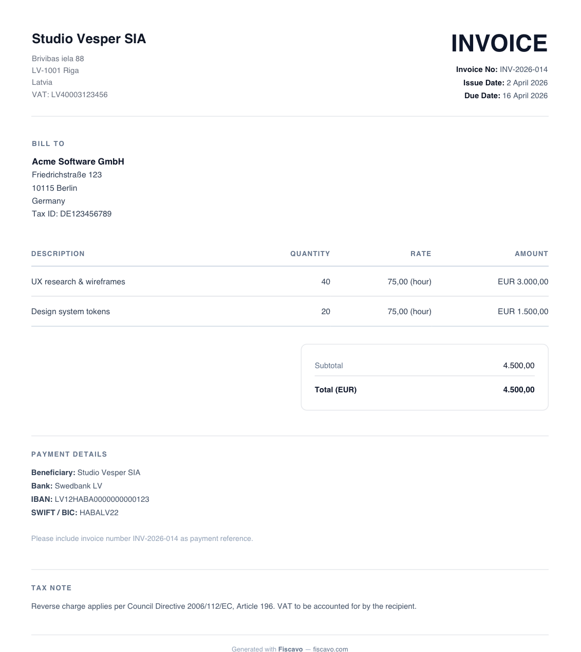 Finished freelance invoice example: Studio Vesper SIA in Riga billing Acme Software GmbH in Berlin for 60 hours of UX design at €75/hour, €4,500 subtotal, 0% VAT under intra-EU reverse charge with the Article 196 note, and Swedbank IBAN and BIC payment details.