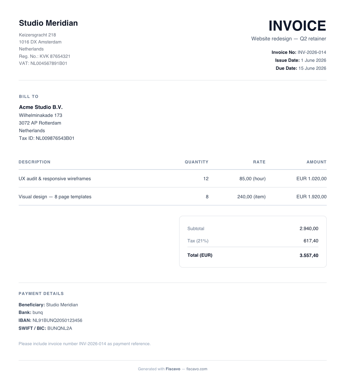 Example of a complete professional invoice showing every required field: the word Invoice, a unique invoice number, issue and due dates, seller and client VAT numbers, itemised line items, subtotal, 21% VAT, total in EUR, and IBAN/SWIFT payment details — generated with Fiscavo.